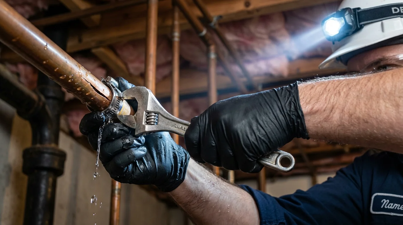 Emergency pipe clamp repair being performed by a Johns Plumbing LLC plumber in Frederick
