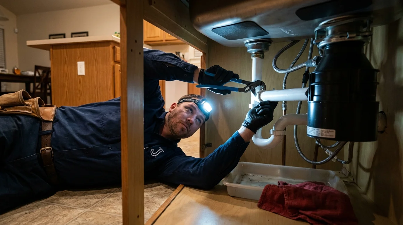 P-trap and supply line connections under a kitchen sink showing a common leak point in Frederick, OK